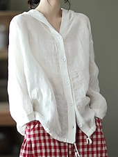 abordables Blouses Unies-Femmes Chemises en coton et lin Boutons Couleur Unie ancien Basique Occasionnel manche longue À capuche Hauts Réguliers Quotidien Bleu Blanche Rouge Abricot Été Printemps Automne