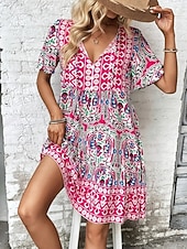 voordelige Vakantie Boho Jurk-Dames Mini-jurk strand jurk A lijn jurk Bloemetjesjurk Elegant Modieus Modern Dagelijks Buiten Vakantie Normale pasvorm Geometrisch Korte mouw V-hals blauw Rood Marine Blauw Oranje Zomer Lente Herfst