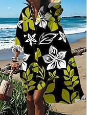 abordables Robe Fleurie-Femmes Robe Midi Robe Chemise Robe Décontractée Robe d'été Élégant Bohème Vacances Plage Coupe régulière Fleuri manche longue Col de chemise Bleu Noir Vert Été Printemps