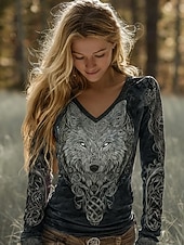 abordables T-shirt Boho-Camiseta Boho de Mujer Gráfica Animal Vintage Estilosa Clásica Manga Larga Cuello en V Tops Regulares Diario Fin de Semana Impresión Negra Verano Primavera