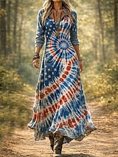 abordables Robe du Jour de l'Indépendance-Robe midi patriote pour femmes du Jour de l'Indépendance Robe Fourreau Fête Décontractée Boho Rendez-vous Ajustement Régulier Imprimé graphique Drapeau Manches Longues Col V Bleu Été Printemps