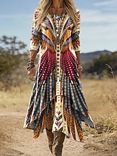 preiswerte Boho Kleid-Damen Midi Kleid Boho Shift Kleid Urlaub Party Lässig Täglich Feiertag Reguläre Passform Grafisch Geometrisch Langarm Rundhals V-Ausschnitt Blau Gelb Lila Grün Sommer Frühling Herbst
