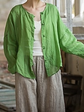 baratos Coleção de Linho Premium-Camisa feminina 100% linho, blusa com botões, lisa, estilo vintage, manga longa, gola redonda, tops regulares para uso diário, férias, sair, nas cores preto, rosa, vermelho e verde, para verão e primavera.