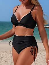 halpa Bikinisetit-Naisten Uima-asut Bikinit 2 kpl Korkea vyötärö Uimapuku Ohut Avoin selkä Loma Ranta-asut Yhtenäinen väri V kaula-aukko Hihaton Uimapuvut