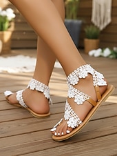 cheap Women-Women's Beige Lace Flat Sandals – Natural Boho Style for Beach Vacation