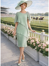 economico Lunghezza del tè-Tubino Colonna Lunghezza al ginocchio Vestito da Festa Abito da Cocktail Abito da invitata a nozze Abito da cerimonia per signora Mezza Manica Collo gioiello Elegante Ospite di nozze Chiffon con
