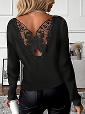 economico T-shirt semplice-Per donna Top a maglia a coste Patchwork Ricamato Rete Farfalla Elegante Manica Lunga Scollo a Barca Top Regolari Uscire Weekend Nero Estate Primavera Autunno