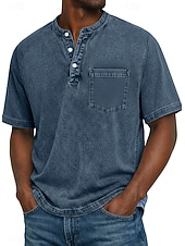billige Uformell Henley T-skjorte-Herre Henly-skjorte 100% bomullssyre-vaskeskjorte T-skjorte T-skjorte Kortermet Ensfarget Retro / vintage Fritid Lomme Gammeldags stil Vasket Henley Avslappet Sommer Vår Høst Svart Rosa Lysegrønn