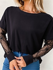 billiga Enkla blusar-Dam Spets Splicing Top Blus Dressiga toppar Rynkad Spets Lappverk Slät Elegant Vintage damer Långärmad Rund hals Vanliga toppar Dagligen Arbete Helgdag Svart Höst Vinter