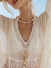 abordables Tops de Encaje-Mujer Blusa Encaje Color sólido Elegante Casual Manga 3/4 Escote en Pico Tops regulares Diario Blanco Verano Primavera Otoño