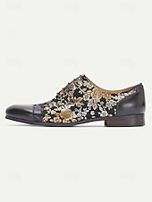 cheap Derby Shoes-Men's Elegant Leather Wedding Shoes - Black with Gold Floral Pattern, Premium Quality Footwear for Weddings and Formal Celebrations