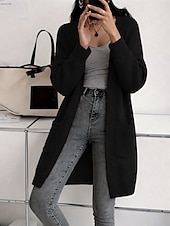 Недорогие Простой кардиган-Жен. Вязаная ткань Кардиган Мода Уличный стиль На каждый день Чистый цвет Рельефный узор Открытый перед Карман Трикотаж Длинный рукав Длинные топы Вязать на открытом воздухе Повседневные выходные