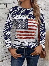 baratos Dia da Independência Top-Camiseta Patriótica do Dia da Independência para Mulheres Gráfica com Bandeira Moda Estilosa Clássica de Manga Longa Crew Neck Neck Redonda Tamanhos Regulares para Uso Diário Impressão de Fim de