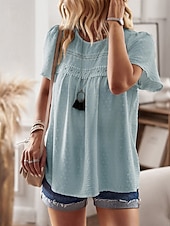 cheap Plain Blouses-Women's Summer Shirt Casual Shirt Blouse Lace Trim Solid Color Vacation Stylish Casual Short Sleeve Crew Neck Regular Tops Daily Beach Holiday Blue Black White Pink Red Summer Spring