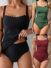 abordables Tankinis-Femmes Maillots de Bain Tankini 2 pièces Taille haute Maillot de bain Contrôle du ventre Taille haute Mince Dos nu Vacances Tenues de plage Couleur Unie Décolleté Sans manches Maillots de bain
