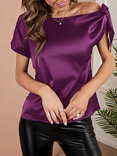 cheap Plain Blouses-Women's Elegant Satin Top Summer Tops Blouse Plain Stylish Basic Classic Short Sleeve Off Shoulder Regular Tops Daily Work Holiday Black Pink Wine Green Summer Spring