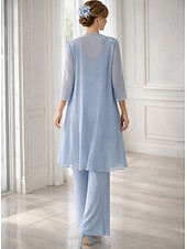 お買い得  ママのパンツスーツ-ドレスセット フロア丈 ブライドマザー ドレス 長袖 Vネック エレガント シンプル ウェディングゲスト ソリッドカラー付き