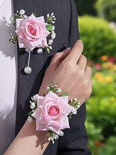 cheap Wedding Accessories-Women's Bridesmaid and Groomsman Corsage and Boutonniere Set, Available in Multiple Colors, Polyester Material, Perfect for Weddings and Parties