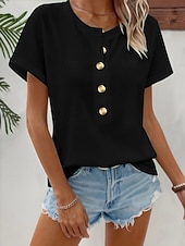 cheap Plain tee-Women's T Shirt Tee Top Buttons Plain Fashion Stylish Classic Short Sleeve Crew Neck Regular Tops Daily Going out Weekend Blue Black Red Summer Spring