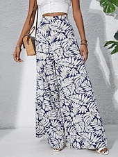 preiswerte weites Bein und hohe Taille-Damen Weite Hosenbeine Chinos Palazzo-Hose Urlaub Streetwear Basic Volle Länge Mittlere Taillenlinie Blumen Tropisch Elastischer Bund Drucken Bequem Unelastisch Täglich Outdoor Straße Blau Marineblau
