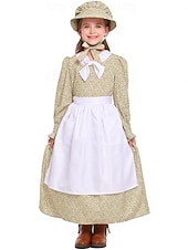  250e anniversaire des États-Unis Période coloniale 19ème siècle Robe Prairie Ensemble bonnet et tablier Manches longues Fille pionnière Epoque Coloniale Guerre d'indépendance américaine Fleuri