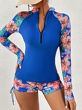 levne Tankiny-Dámské Plavky Tankini 2 ks Kraťasy Plavky Zaštíhlující Vysoký pas Štíhlý prázdniny Oblečení na pláž Květinový Stojáček Dlouhý rukáv Plavky