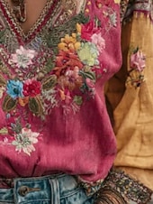 お買い得  ボヘミアントップス-女性用 シャツ コットンリネンシャツ ボヘミアンシャツ ブラウス 刺繍 フラワー グラフィック ボヘミア ヴィンテージ スタイリッシュ 長袖 Ｖネック レギュラートップス 日常 祝日 お出かけ ローズピンク 夏 春