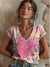 voordelige Kunst &amp; Design t-shirt-Valentijnsdag Dames T-shirt Afdrukken Hart Bloemig Grafisch Vintage Stijlvol Klassiek Korte mouw V-hals Normale tops Dagelijks Licht beige Geel Blozend Roze Zomer Lente