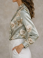 お買い得  ドレッシーブラウス-女性用 Elegant ドレッシー サテントップ ブラウス フラワー ヴィンテージ 日常 長袖 シャツカラー レギュラートップス ワイン グリーン アプリコット 春、夏、秋、冬