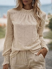 abordables Blouses Unies-Femmes Chemise popover Chemise Décontractée Chemisier Œillet Couleur Unie Élégant Basique Occasionnel manche longue Col montant Hauts Réguliers Quotidien Extérieur Fête Bleu Violet Vert Abricot