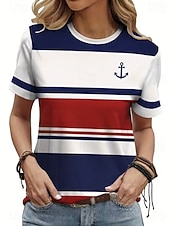 tanie Koszulka w paski i geometryczna-Amerykański Dzień Niepodległości Damskie Podkoszulek Nadruk Graficzny Flaga Zabytkowe Moda Elegancki Krótki rękaw Półgolf Zwykłe topy Codzienny Weekend Niebieski Rumiany róż Czerwony Lato Wiosna