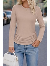 お買い得  プレーンTシャツ-女性用 ティートップ 純色 ヴィンテージ ファッション カジュアル 長袖 クルーネック レギュラートップス 日常 お出かけ ブルー ブラック ホワイト ルビーレッド カーキ色 春 秋 冬