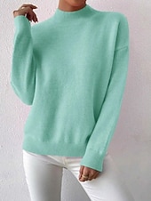 billiga Plain Pullover-Women's Sweater Pullover Fashion Streetwear Casual Solid Color Mock Neck Knitted Long Sleeve Regular Tops Knit Daily Holiday Going out Yellow Pink Fall Winter