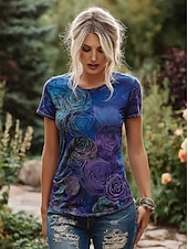Χαμηλού Κόστους Floral μπλουζάκι-Γυναικεία Μπλουζάκι Στάμπα Φλοράλ Γραφική Βίντατζ Στυλάτο Κλασσικό Κοντομάνικο Στρογγυλή Ψηλή Λαιμόκοψη Κανονικά μπλουζάκια Καθημερινά Σαββατοκύριακο Βαθυγάλαζο Βυσσινί Καλοκαίρι Άνοιξη