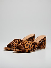cheap Slide Sandals-Women's Leopard Print Slide Sandals - Open Toe Cheetah Pattern Block Heel Mules - Trendy Animal Print Slip-On Shoes for Summer Vacations &amp; Poolside Lounging
