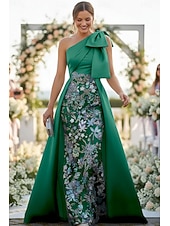 economico Lunghezza del pavimento-Linea ad A Tubino Colonna Lunghezza al pavimento Perline ricamate Abito da invitata a nozze Abito Formale Abito da cerimonia per signora Senza Maniche Monospalla Elegante Vintage Lussuoso Formale Raso