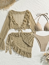 cheap 3 Pieces Bikini Set-Women's Swimwear Bikini Three Piece Cheeky Swimsuit Slim Backless Vacation Beach Wear Solid Color Halter Neck Sleeveless Long Sleeve Bathing Suits