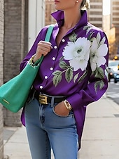 abordables Blusas Florales-Mujer Camisa Botones Estampado Floral Graphic Elegante Básico Moderno Manga Larga Cuello Camisero Tops regulares Diario Trabajo Azul Piscina Negro Rojo Morado Marrón Primavera Otoño Invierno