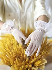 baratos Casamento ACC-Luvas femininas elegantes em poliéster com renda, luvas formais pretas e brancas para casamentos, jantares e óperas, acessórios sofisticados para vestidos de noiva em ocasiões especiais.