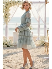 cheap Casual / Daytime Wedding-A-Line Knee Length Prom Dress Wedding Guest Dress Wedding Guest Dresses Elegant Daily Long Sleeve Crew Neck Prom Garden Party with Ruffles
