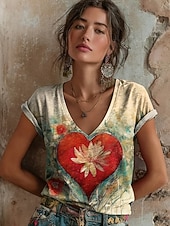 voordelige Kunst &amp; Design t-shirt-Valentijnsdag Dames T-shirt Afdrukken Hart Bloemig Grafisch Vintage Stijlvol Klassiek Korte mouw V-hals Normale tops Dagelijks Licht beige Geel Blozend Roze Zomer Lente