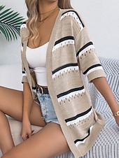 billiga Enkla blusar-Dam Skjorta Blus Stickad Randig Stylish Klassisk Modern Halvlång ärm V-hals Vanliga toppar Dagligen Helgdag Utekväll Vin Brun Kaki Sommar Vår