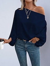 voordelige Chique Blouses-Dames Overhemd Satijnen overhemd Blouse Tops met blote schouders Effen Stijlvol Klassiek Modern Lange mouw Schouderafhangend Normale tops Dagelijks Feestdagen Uitgaan blauw Zwart Blozend Roze Rood