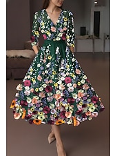 cheap Cocktail Dresses-A-Line Tea Length Cocktail Dresses Elegant Vintage Floral Half Sleeve V Neck Garden Party Wedding Pocket Satin Lace with Embroidered Flower Embroidery Pocket