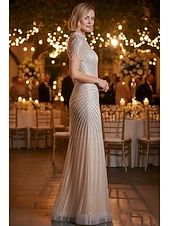  Sirena Tromba Strascico a Terra Abito da Ballo Vestito da Festa Abito Formale Abito da Sera Elegante Festa Scintillante Manica Corta Collo Alto Balli di fine anno Matrimonio con Pizzo Paillettes