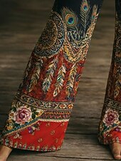 abordables Pantalons Boho-Femmes Jambe large Pantalons Vacances Mode Boho Longueur complète Taille Moyenne Fleuri Avec Poches Taille Élastique Imprimé Confortable Respirabilité Non Elastique Quotidien Extérieur Vacances Rouge