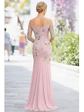 cheap Floor Length-Mermaid Trumpet Floor Length Cocktail Dress Wedding Guest Dress Mother of the Bride Dress Half Sleeve Off Shoulder Elegant Simple Casual Formal Chiffon Lace with Pleats Embroidery Appliques