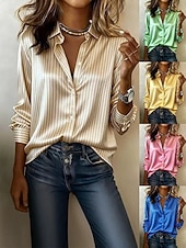 economico Bluse a righe e geometriche-Per donna Camicia Bottoni Stampato Grafico A righe Elegante Moderno Casual Manica Lunga Colletto a Camicia Top Regolari Quotidiano Lavoro Blu Giallo Rosa Verde Beige Primavera Autunno Inverno