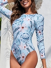 tanie Stroje kąpielowe jednoczęściowe-Damskie Stroje kąpielowe Jeden kawałek Monokini Kostium kąpielowy Wyszczuplenie brzucha Wysoka talia Szczupła Odkryte plecy Urlop Stroje plażowe Kwiaty Okrągły dekolt Długi rękaw Kostiumy kąpielowe