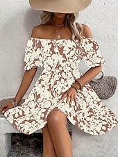 billiga Blommiga klänningar-Dam Mini klänning A linjeklänning Ledigt Utomhus Utekväll Standardpassform Blommig Grafisk Kortärmad Över axeln Blå Rubinrött Grön Beige Sommar Vår